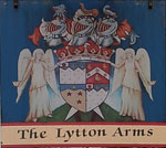 The pub sign. The Lytton Arms, Old Knebworth, Hertfordshire