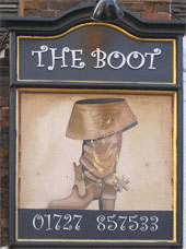 The pub sign. The Boot, St Albans, Hertfordshire
