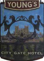 The pub sign. City Gate Hotel, Exeter, Devon