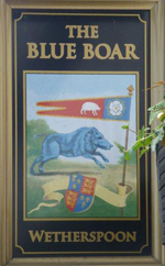 The pub sign. The Blue Boar, Billericay, Essex