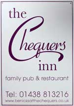 The pub sign. Chequers, Woolmer Green, Hertfordshire