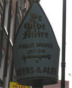 The pub sign. Ye Olde Mitre, Holborn, Central London