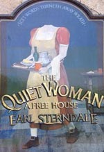 The pub sign. The Quiet Woman, Earl Sterndale, Derbyshire