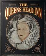 The pub sign. The Queens Head Inn, Monmouth, Gwent
