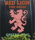 The pub sign. The Red Lion, Stodmarsh, Kent