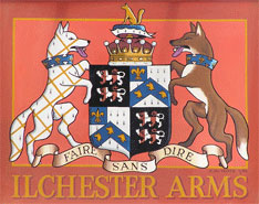 The pub sign. Ilchester Arms, Symondsbury, Dorset