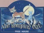 The pub sign. The Romping Cat, Old Woods, Shropshire