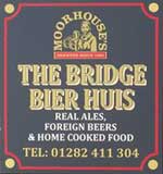 The pub sign. Bridge Bier Huis, Burnley, Lancashire
