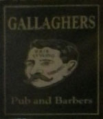 The pub sign. Gallaghers Pub & Barber's Shop, Birkenhead, Merseyside