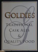 The pub sign. Goldies, Dorchester, Dorset
