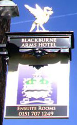 The pub sign. Blackburne Arms Hotel, Liverpool, Merseyside