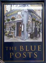 The pub sign. The Blue Posts (Berwick St.), Soho, Central London