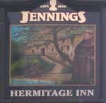 The pub sign. Hermitage Inn, Warkworth, Northumberland
