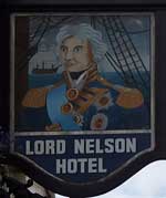 The pub sign. Lord Nelson Hotel, Bridport, Dorset