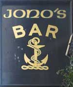 The pub sign. Jono's Bar, Ilford, Greater London