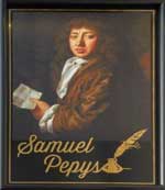 The pub sign. Samuel Pepys, Huntingdon, Cambridgeshire