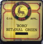 The pub sign. Workers Arms, at Bethnal Green Working Men's Club, Bethnal Green, Greater London