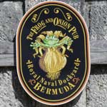 The pub sign. Frog & Onion, Hamilton, Bermuda