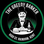 The pub sign. The Greedy Banker, Rainham, Kent